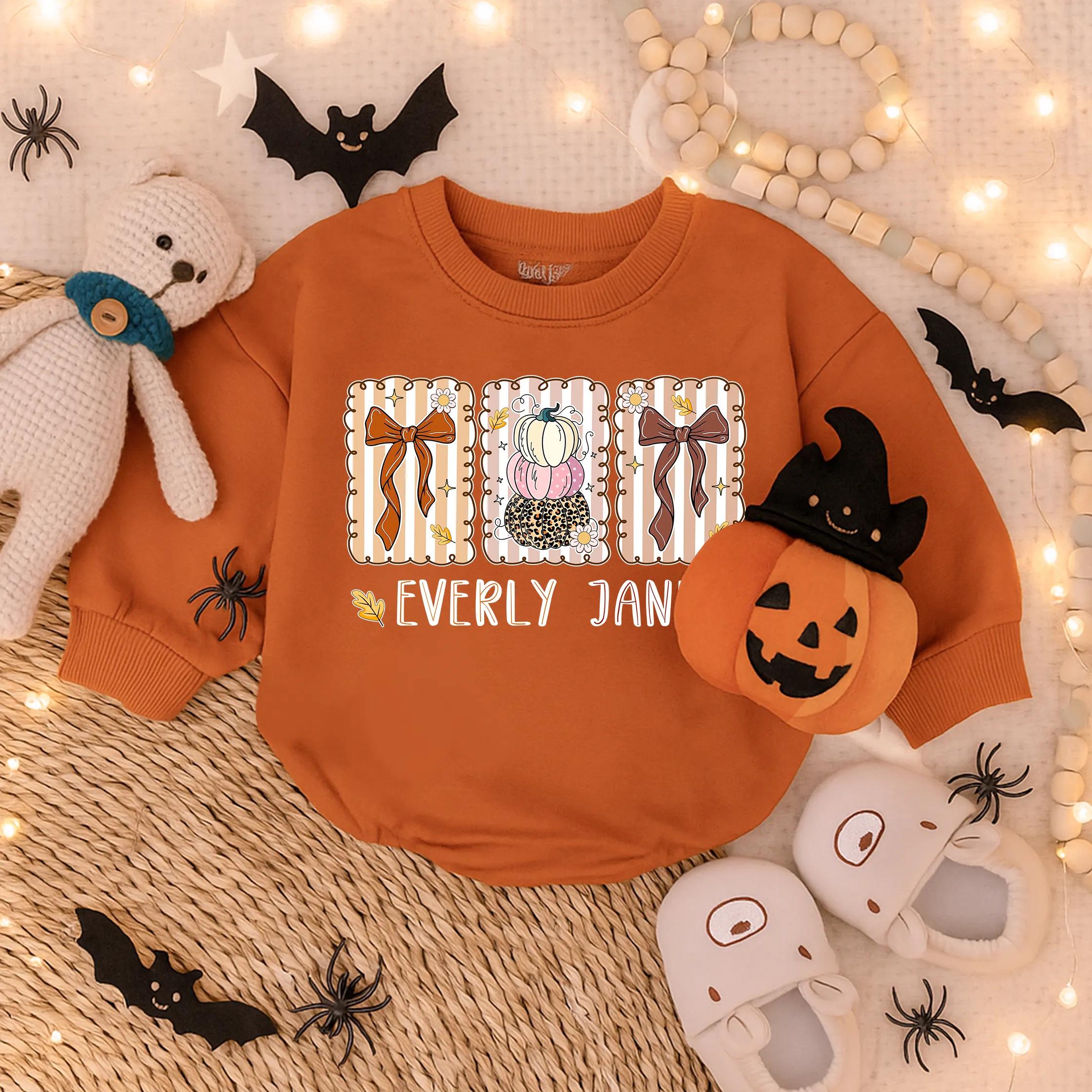 Custom Baby Girl Bubble Romper with Autumn Pumpkin Floral Design Perfect for Fall Holidays and First Thanksgiving Preppy Outfit