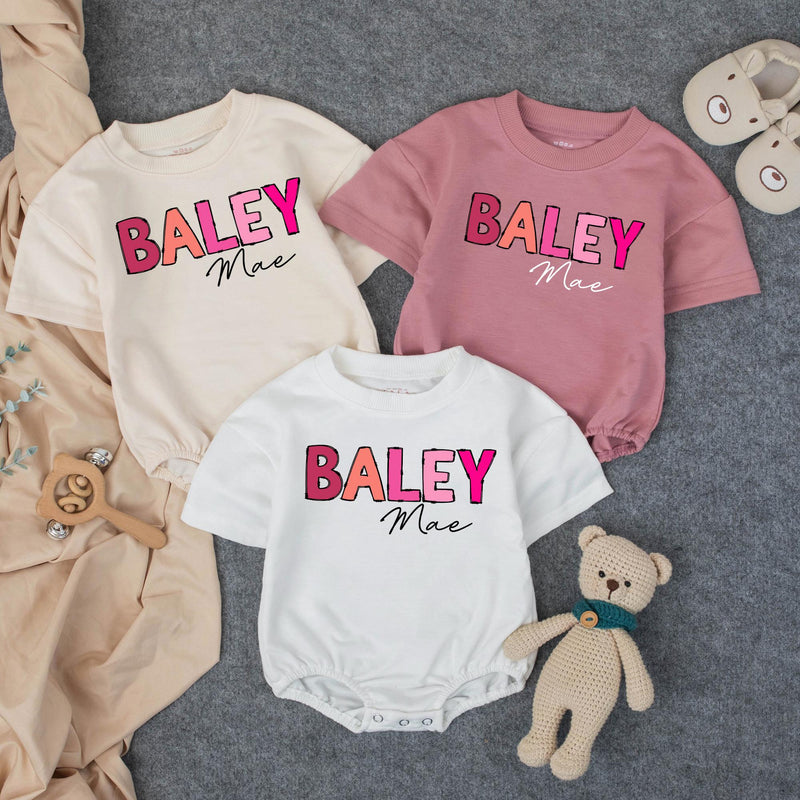 Custom Baby Girl Bubble Romper with Bold Pink Name Design, Perfect for 1st Birthday Cake Smash, Soft Cotton Outfit for Milestone Photos