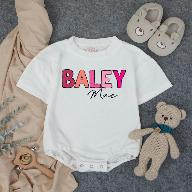 Custom Baby Girl Bubble Romper with Bold Pink Name Design, Perfect for 1st Birthday Cake Smash, Soft Cotton Outfit for Milestone Photos