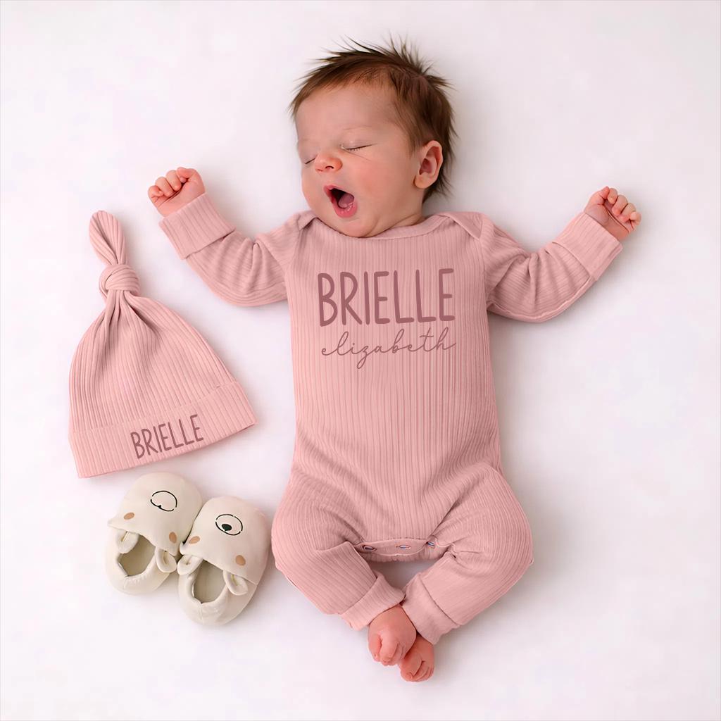 Custom Baby Girl Coming Home Outfit - Ribbed Cotton Bodysuit & Knotted Hat Set with Name, Newborn Gift, Personalized Homecoming Clothes