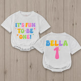 Custom Baby Girl First Birthday Romper - It's Fun To Be One Design - Soft Cotton Outfit for 1st Birthday Party or Cake Smash Photos