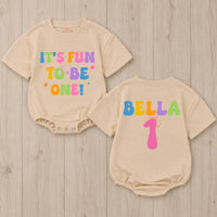 Custom Baby Girl First Birthday Romper - It's Fun To Be One Design - Soft Cotton Outfit for 1st Birthday Party or Cake Smash Photos
