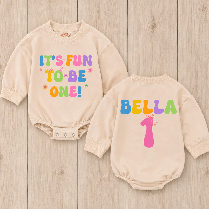 Custom Baby Girl First Birthday Romper - It's Fun To Be One Design - Soft Cotton Outfit for 1st Birthday Party or Cake Smash Photos