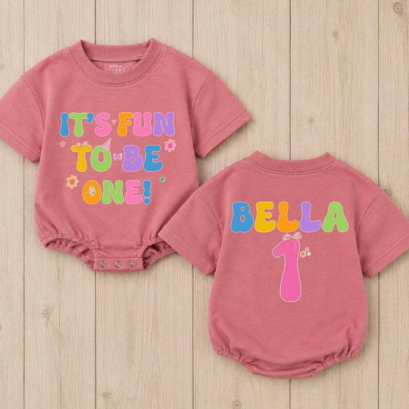 Custom Baby Girl First Birthday Romper - It's Fun To Be One Design - Soft Cotton Outfit for 1st Birthday Party or Cake Smash Photos