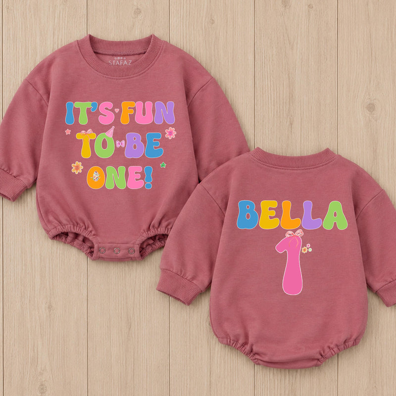 Custom Baby Girl First Birthday Romper - It's Fun To Be One Design - Soft Cotton Outfit for 1st Birthday Party or Cake Smash Photos