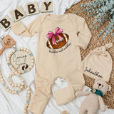 Custom Baby Girl Football Bodysuit with Pink Bow Cute Huddles and Cuddles Long Sleeve Outfit for Newborn Infant Shower Gift