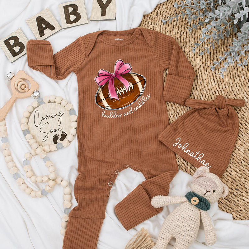 Custom Baby Girl Football Bodysuit with Pink Bow Cute Huddles and Cuddles Long Sleeve Outfit for Newborn Infant Shower Gift