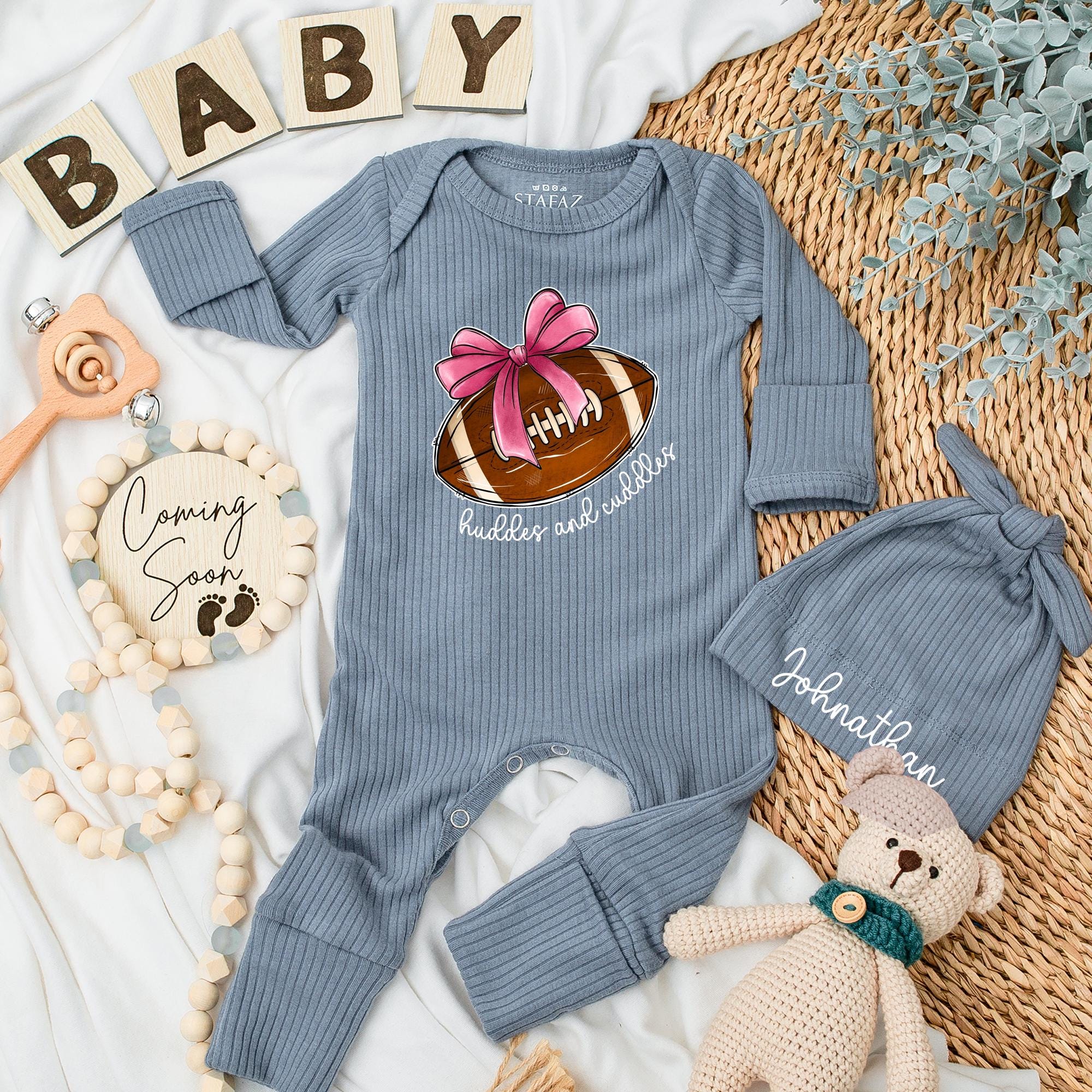 Custom Baby Girl Football Bodysuit with Pink Bow Cute Huddles and Cuddles Long Sleeve Outfit for Newborn Infant Shower Gift
