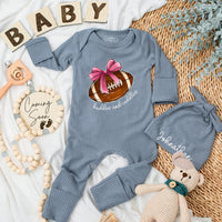 Custom Baby Girl Football Bodysuit with Pink Bow Cute Huddles and Cuddles Long Sleeve Outfit for Newborn Infant Shower Gift
