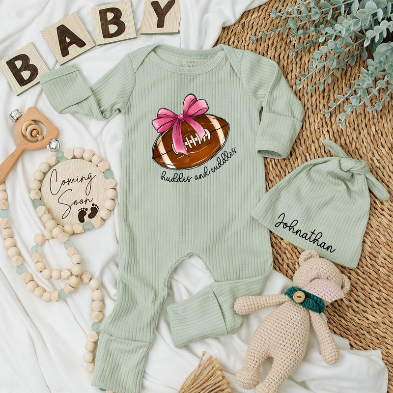 Custom Baby Girl Football Bodysuit with Pink Bow Cute Huddles and Cuddles Long Sleeve Outfit for Newborn Infant Shower Gift