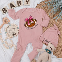 Custom Baby Girl Football Bodysuit with Pink Bow Cute Huddles and Cuddles Long Sleeve Outfit for Newborn Infant Shower Gift