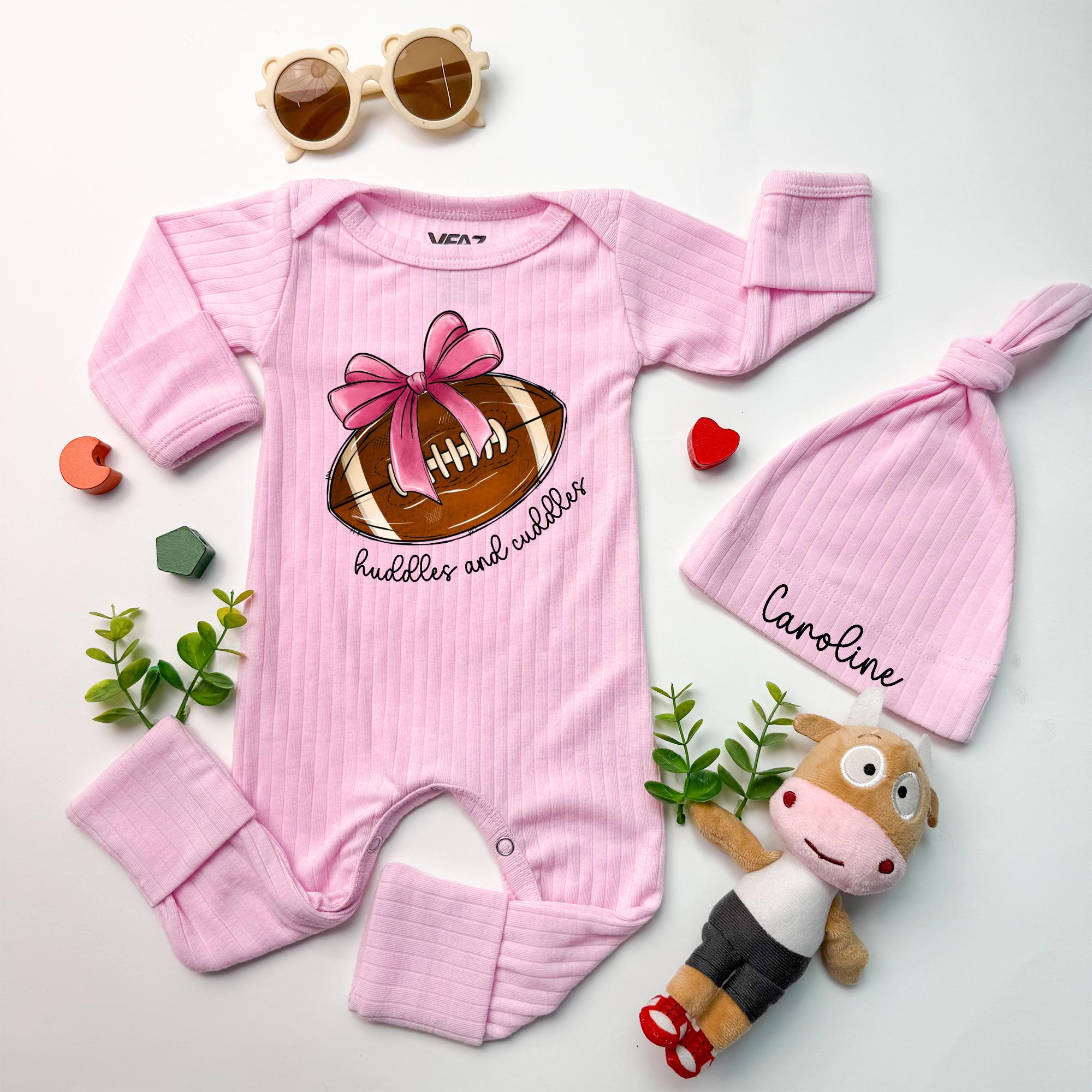 Custom Baby Girl Football Outfit with Pink Bow, Huddles and Cuddles Bodysuit and Hat Set, Newborn Gameday Clothes, Baby Shower Gift