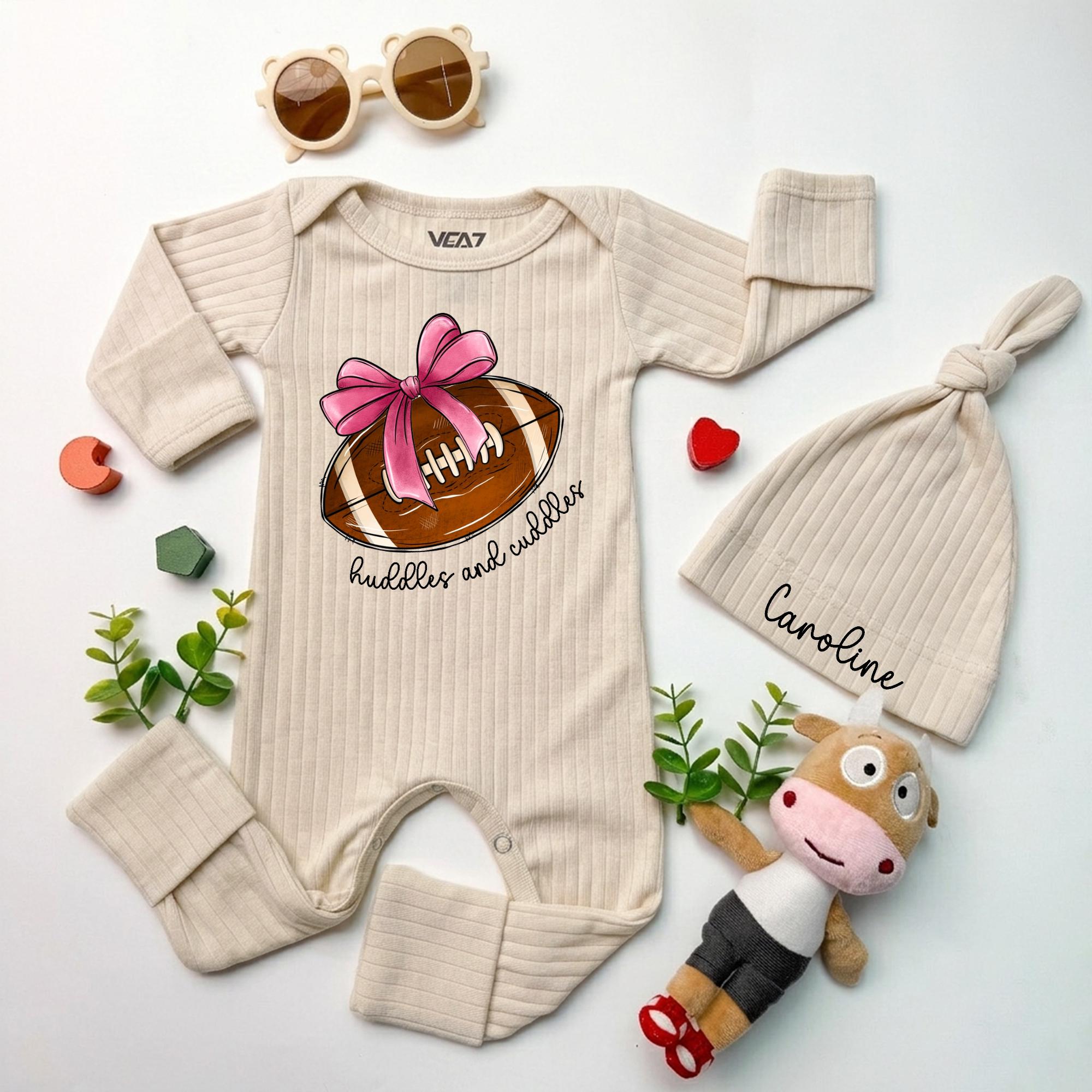 Custom Baby Girl Football Outfit with Pink Bow, Huddles and Cuddles Bodysuit and Hat Set, Newborn Gameday Clothes, Baby Shower Gift