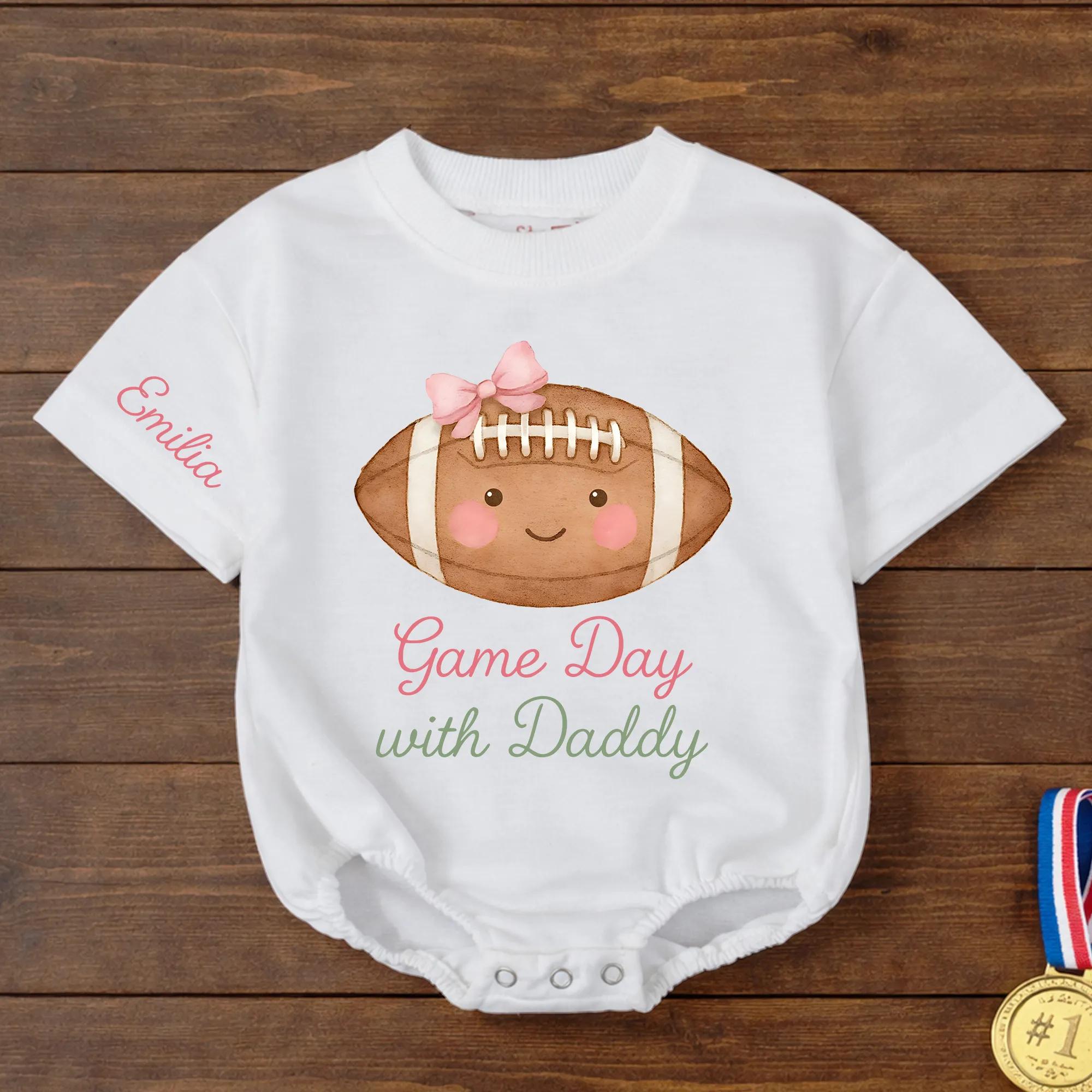 Custom Baby Girl Football Romper with Pink Bow Artwork, Game Day with Daddy Quote, Soft Cotton Infant Outfit for Milestone Photos