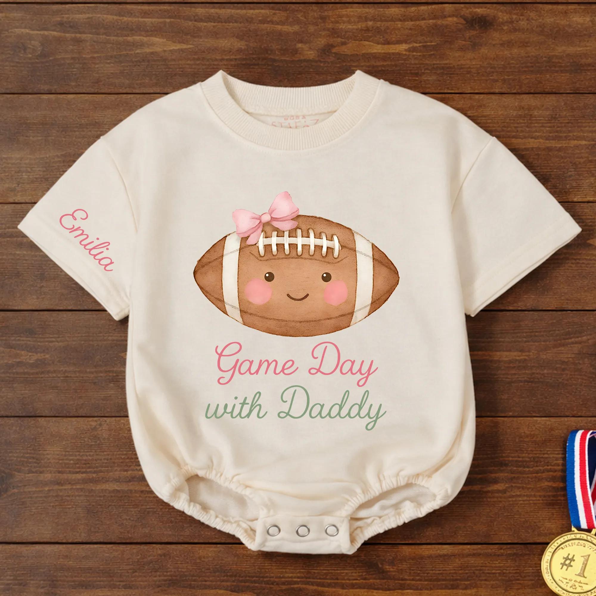 Custom Baby Girl Football Romper with Pink Bow Artwork, Game Day with Daddy Quote, Soft Cotton Infant Outfit for Milestone Photos