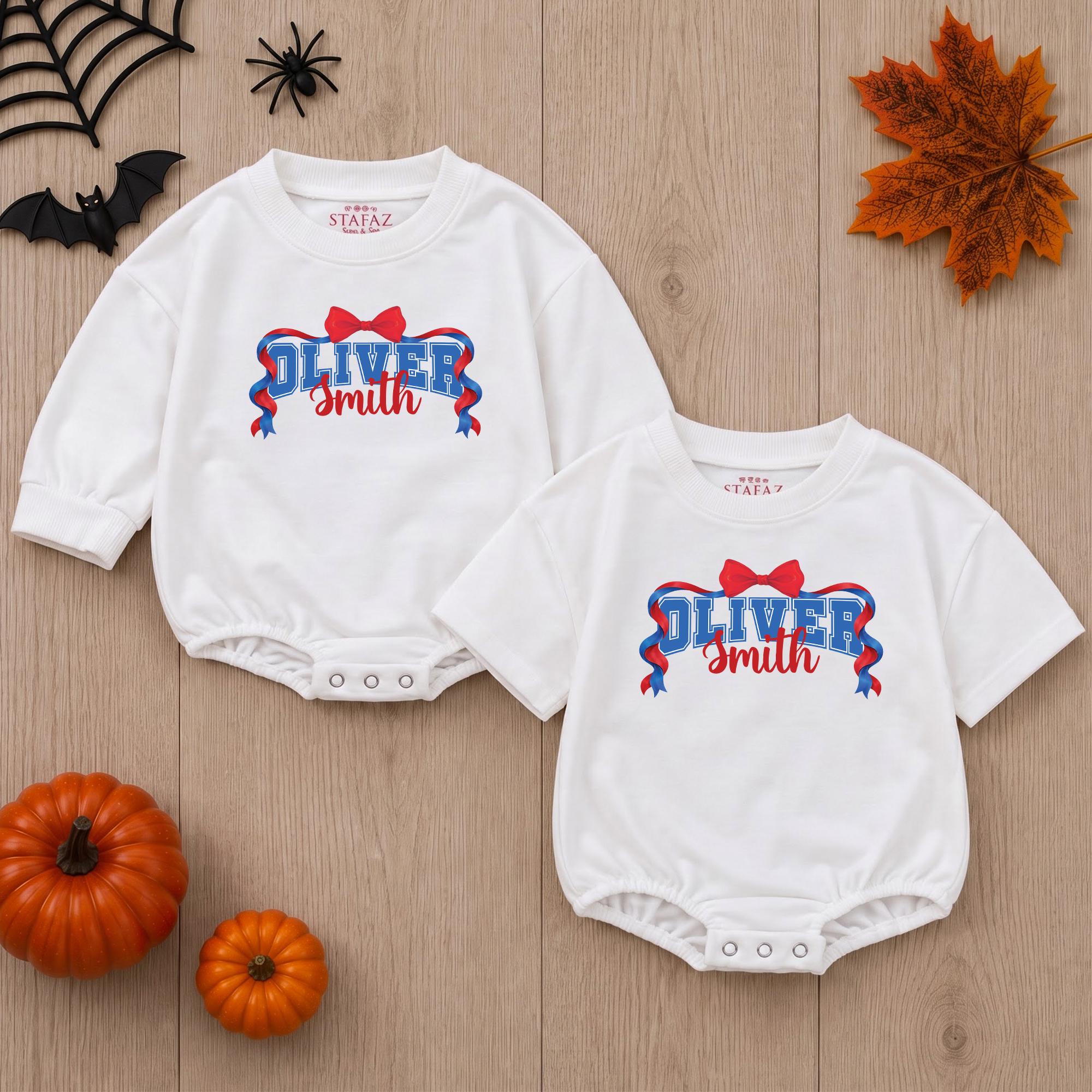 Custom Baby Girl Football Romper with Red Bow and Name for Game Day, Soft Cotton Long Sleeve Outfit, Perfect for Fall and Halloween