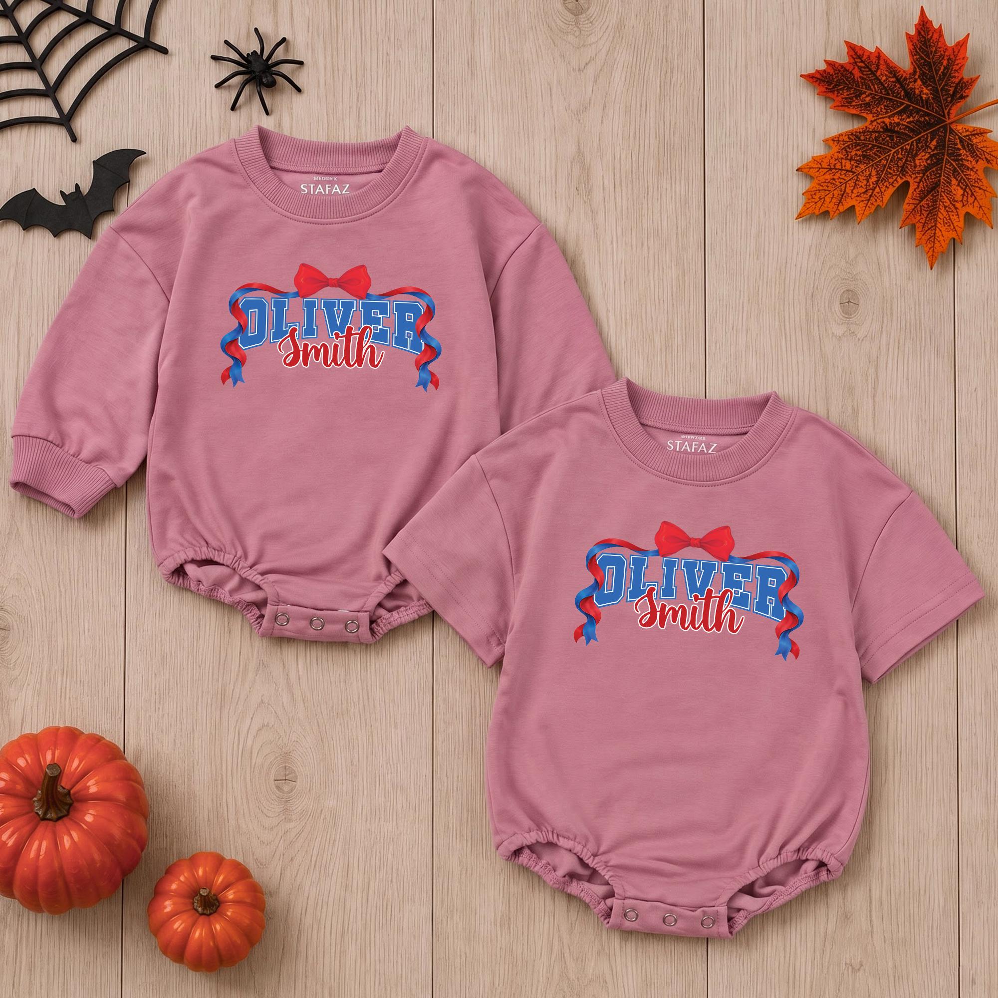 Custom Baby Girl Football Romper with Red Bow and Name for Game Day, Soft Cotton Long Sleeve Outfit, Perfect for Fall and Halloween