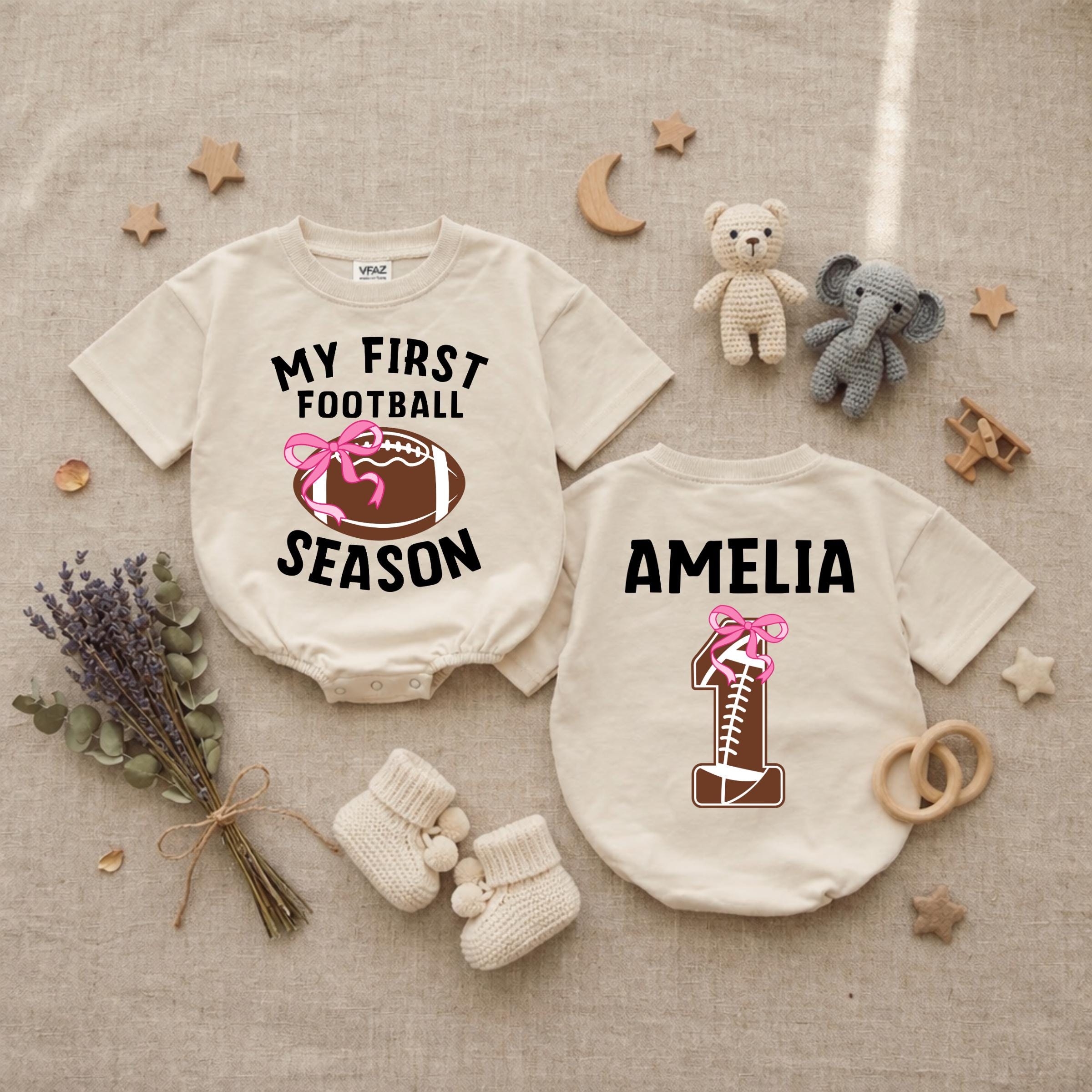 Custom Baby Girl Football Season Romper with Pink Bow, My First Football Season Bodysuit, Soft Cotton Outfit for Game Day & 1st Birthday