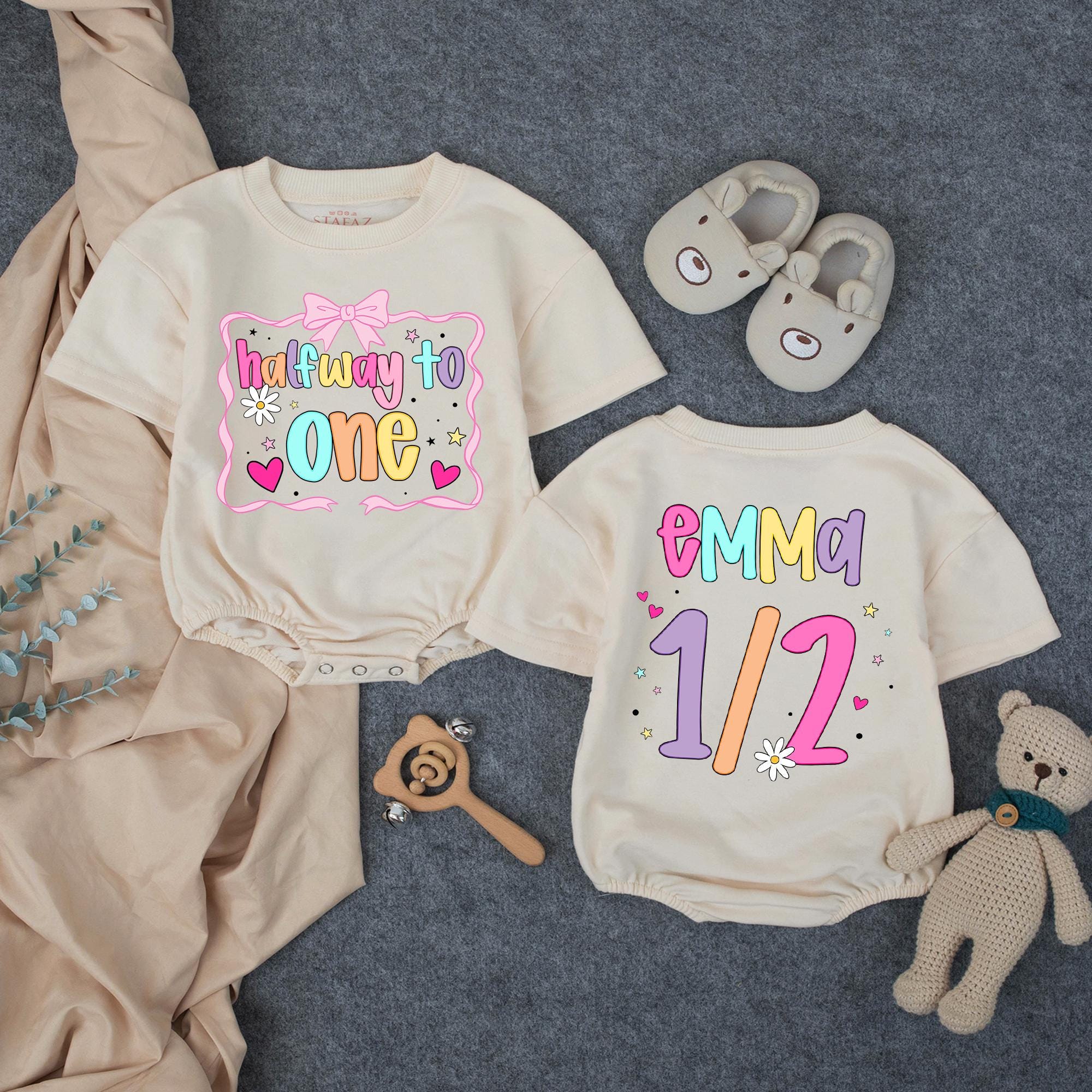 Custom Baby Girl Halfway to One Romper with Name & Age, Pastel Colors, Long or Short Sleeve, 6-Month Birthday Outfit, Cake Smash Romper