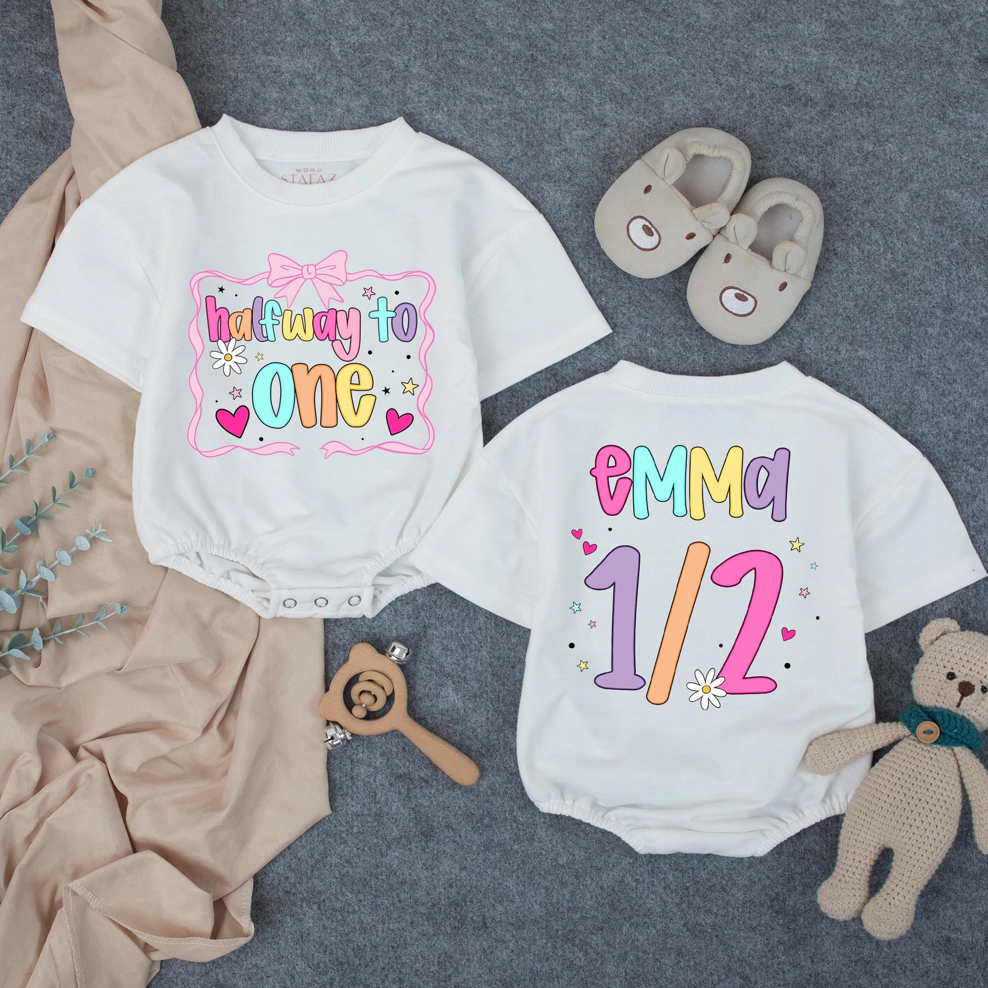 Custom Baby Girl Halfway to One Romper with Name & Age, Pastel Colors, Long or Short Sleeve, 6-Month Birthday Outfit, Cake Smash Romper
