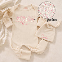 Custom Baby Girl Outfit with Floral Name Bodysuit and Matching Hat Soft Cotton Boutique Clothes Perfect for Newborn Coming Home Gift