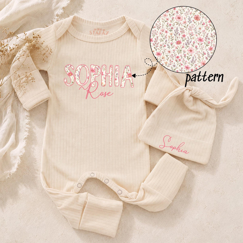 Custom Baby Girl Outfit with Floral Name Bodysuit and Matching Hat Soft Cotton Boutique Clothes Perfect for Newborn Coming Home Gift