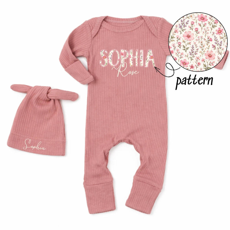 Custom Baby Girl Outfit with Floral Name Bodysuit and Matching Hat Soft Cotton Boutique Clothes Perfect for Newborn Coming Home Gift