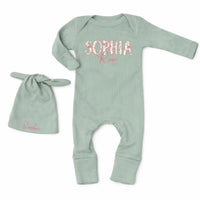 Custom Baby Girl Outfit with Floral Name Bodysuit and Matching Hat Soft Cotton Boutique Clothes Perfect for Newborn Coming Home Gift