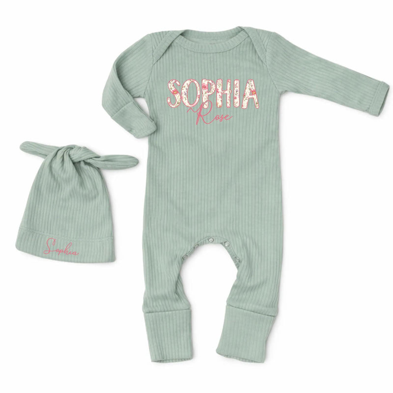 Custom Baby Girl Outfit with Floral Name Bodysuit and Matching Hat Soft Cotton Boutique Clothes Perfect for Newborn Coming Home Gift