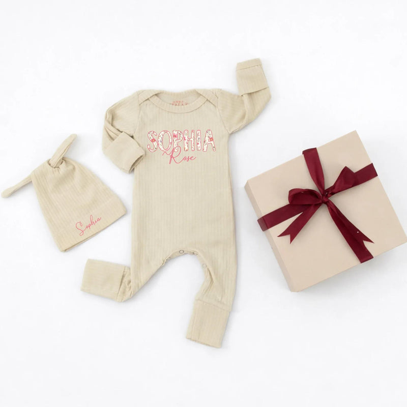 Custom Baby Girl Outfit with Floral Name Bodysuit and Matching Hat Soft Cotton Boutique Clothes Perfect for Newborn Coming Home Gift