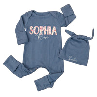 Custom Baby Girl Outfit with Floral Name Bodysuit and Matching Hat Soft Cotton Boutique Clothes Perfect for Newborn Coming Home Gift