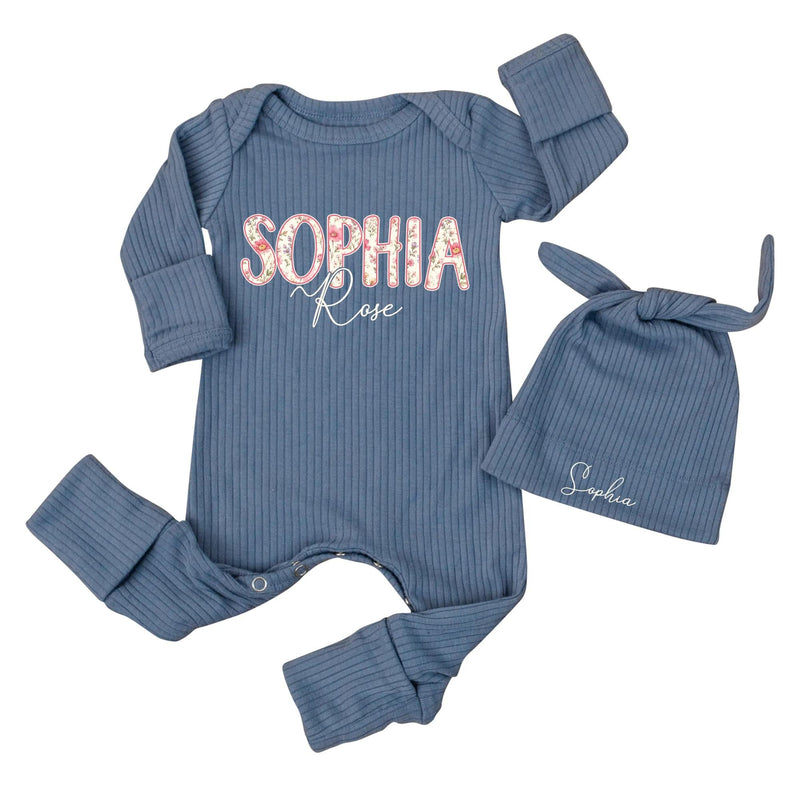 Custom Baby Girl Outfit with Floral Name Bodysuit and Matching Hat Soft Cotton Boutique Clothes Perfect for Newborn Coming Home Gift