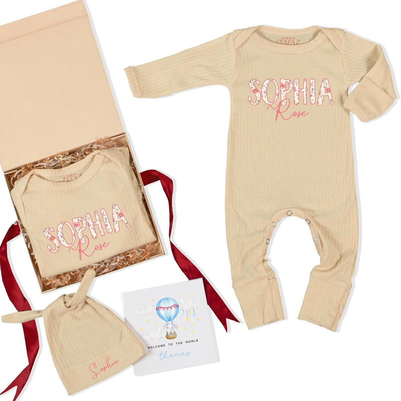 Custom Baby Girl Outfit with Floral Name Bodysuit and Matching Hat Soft Cotton Boutique Clothes Perfect for Newborn Coming Home Gift