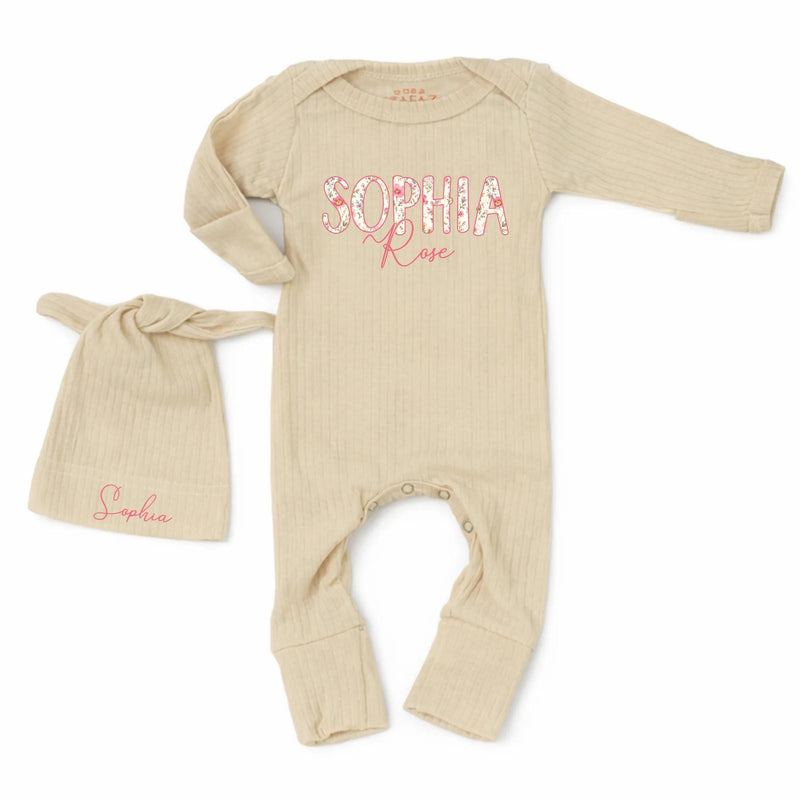 Custom Baby Girl Outfit with Floral Name Bodysuit and Matching Hat Soft Cotton Boutique Clothes Perfect for Newborn Coming Home Gift