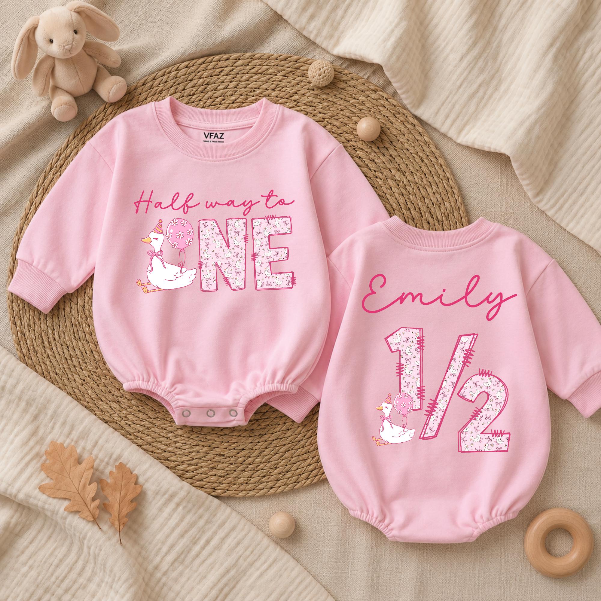 Custom Baby Girl Pink Half Birthday Romper with Goose Artwork, Soft Cotton Long Sleeve Bodysuit for 6-Month Milestone Celebration