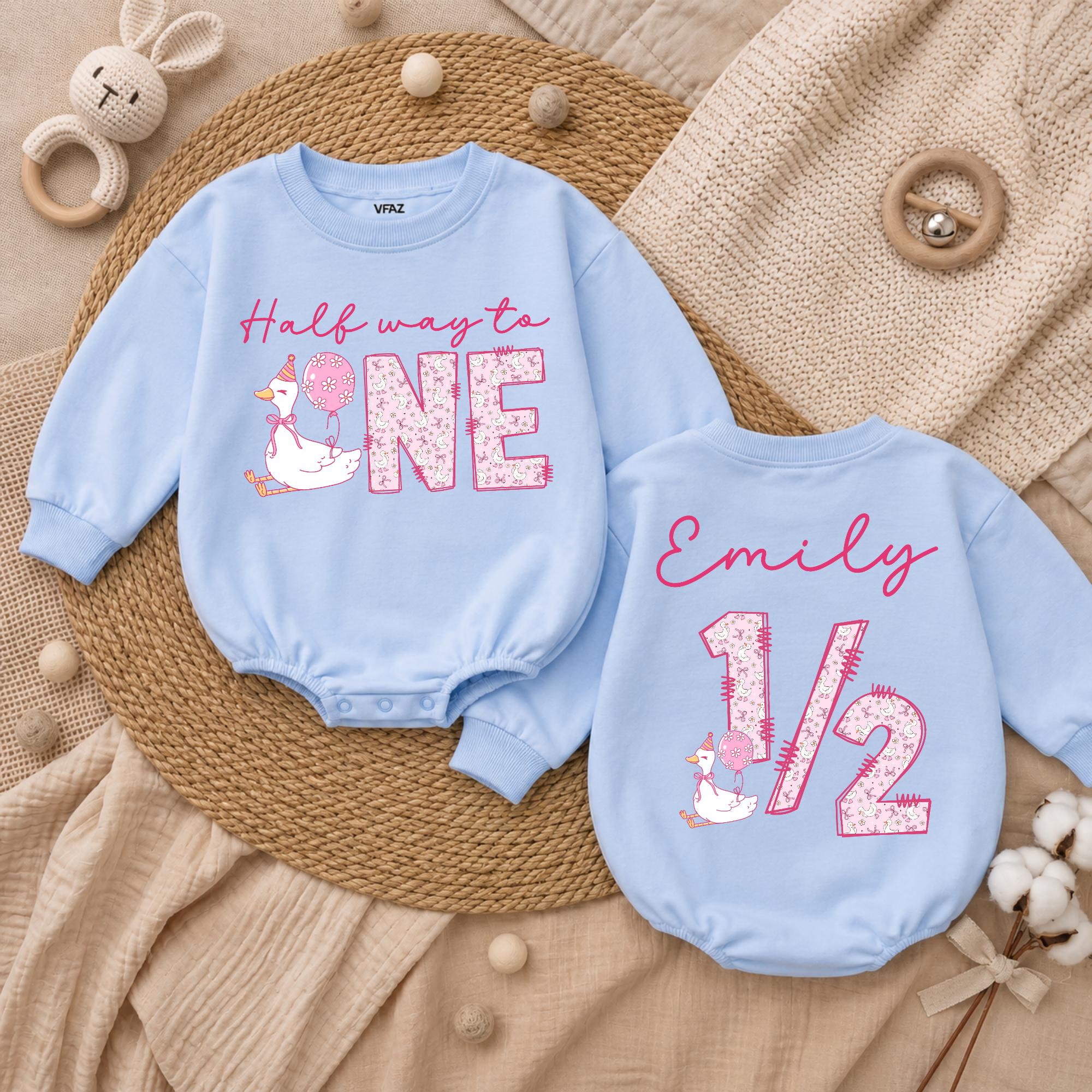 Custom Baby Girl Pink Half Birthday Romper with Goose Artwork, Soft Cotton Long Sleeve Bodysuit for 6-Month Milestone Celebration