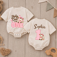 Custom Baby Girl Romper with Pink Cow Artwork, 'Holy Cow I'm One' Design, Perfect for First Birthday, Soft Cotton Outfit for Milestone Photos