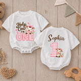 Custom Baby Girl Romper with Pink Cow Artwork, 'Holy Cow I'm One' Design, Perfect for First Birthday, Soft Cotton Outfit for Milestone Photos