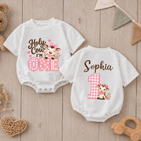 Custom Baby Girl Romper with Pink Cow Artwork, 'Holy Cow I'm One' Design, Perfect for First Birthday, Soft Cotton Outfit for Milestone Photos