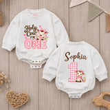 Custom Baby Girl Romper with Pink Cow Artwork, 'Holy Cow I'm One' Design, Perfect for First Birthday, Soft Cotton Outfit for Milestone Photos