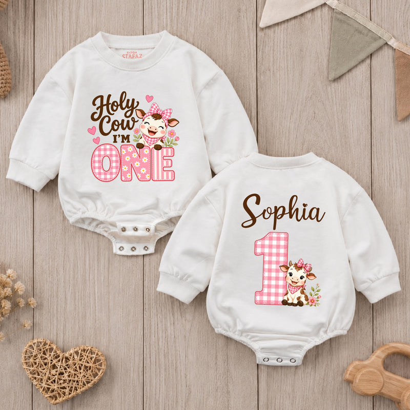 Custom Baby Girl Romper with Pink Cow Artwork, 'Holy Cow I'm One' Design, Perfect for First Birthday, Soft Cotton Outfit for Milestone Photos