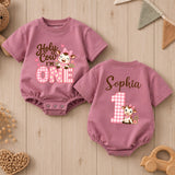 Custom Baby Girl Romper with Pink Cow Artwork, 'Holy Cow I'm One' Design, Perfect for First Birthday, Soft Cotton Outfit for Milestone Photos