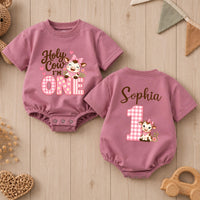 Custom Baby Girl Romper with Pink Cow Artwork, 'Holy Cow I'm One' Design, Perfect for First Birthday, Soft Cotton Outfit for Milestone Photos