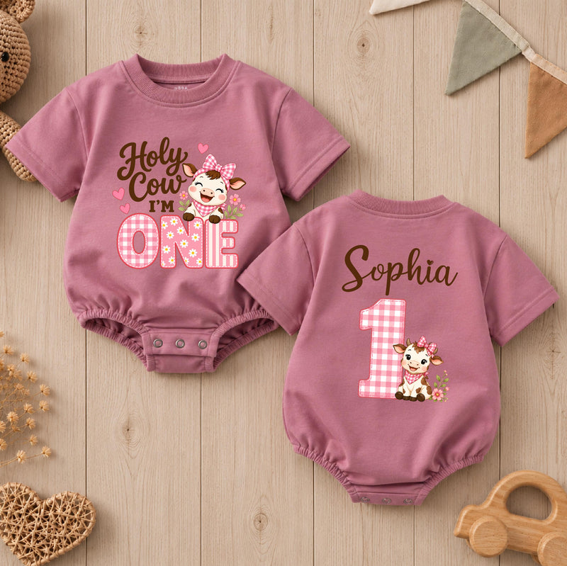 Custom Baby Girl Romper with Pink Cow Artwork, 'Holy Cow I'm One' Design, Perfect for First Birthday, Soft Cotton Outfit for Milestone Photos