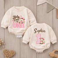 Custom Baby Girl Romper with Pink Cow Artwork, 'Holy Cow I'm One' Design, Perfect for First Birthday, Soft Cotton Outfit for Milestone Photos
