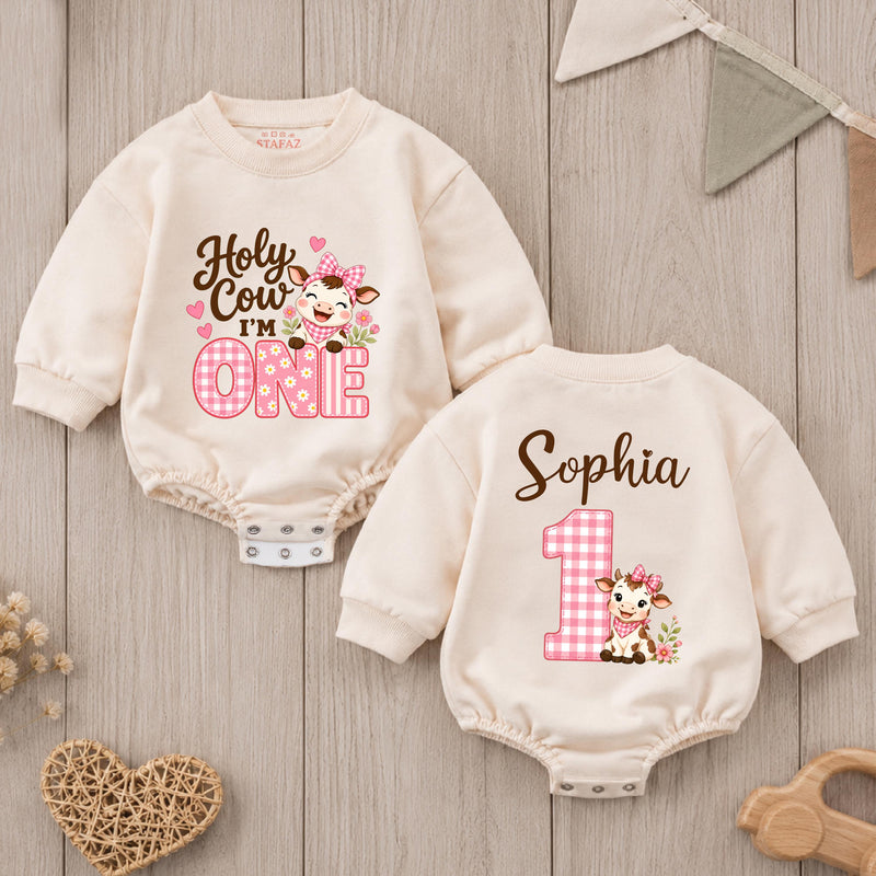 Custom Baby Girl Romper with Pink Cow Artwork, 'Holy Cow I'm One' Design, Perfect for First Birthday, Soft Cotton Outfit for Milestone Photos