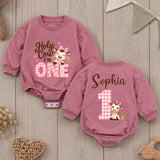 Custom Baby Girl Romper with Pink Cow Artwork, 'Holy Cow I'm One' Design, Perfect for First Birthday, Soft Cotton Outfit for Milestone Photos