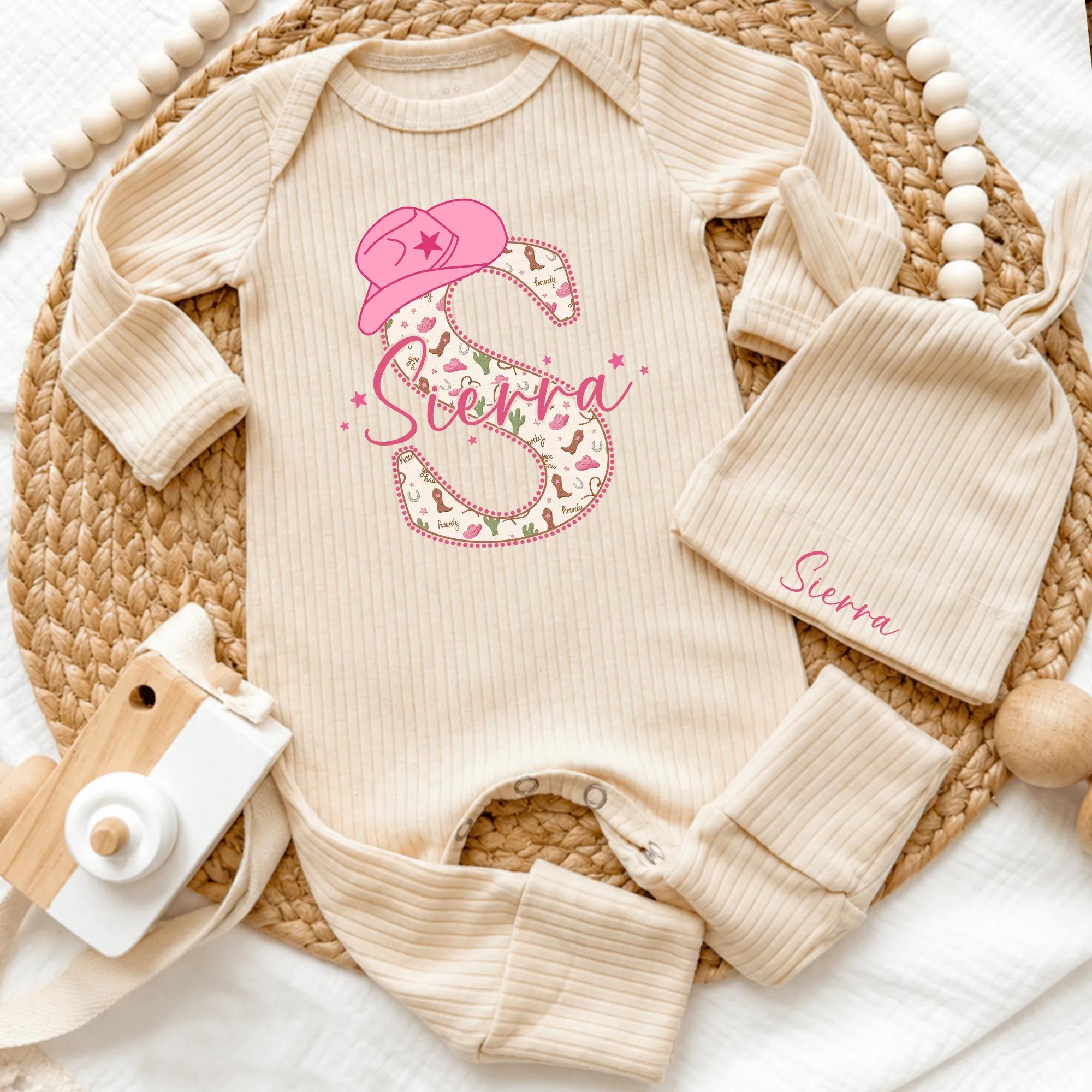 Custom Baby Girl Western Outfit with Cowgirl Hat & Name Bodysuit, Soft Cotton Newborn Coming Home Set, Rodeo Baby Shower Gift