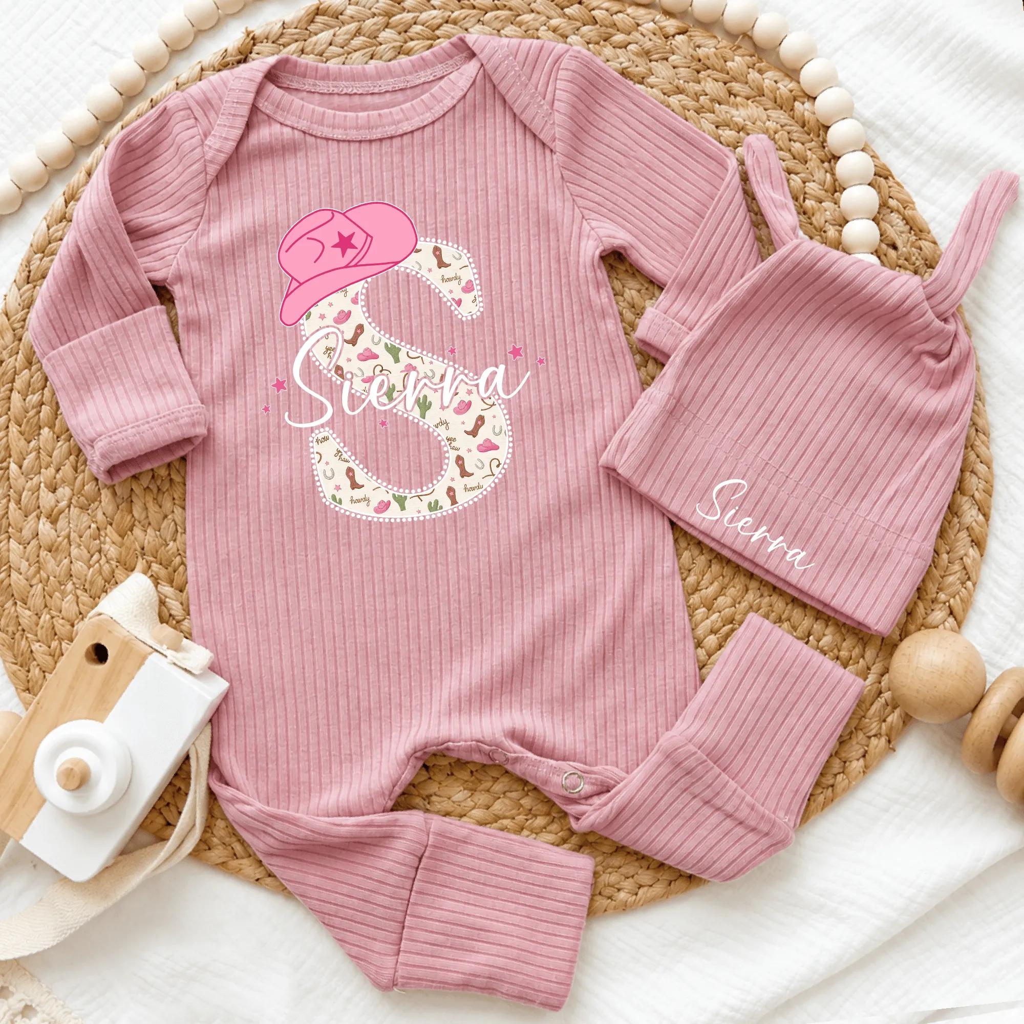Custom Baby Girl Western Outfit with Cowgirl Hat & Name Bodysuit, Soft Cotton Newborn Coming Home Set, Rodeo Baby Shower Gift