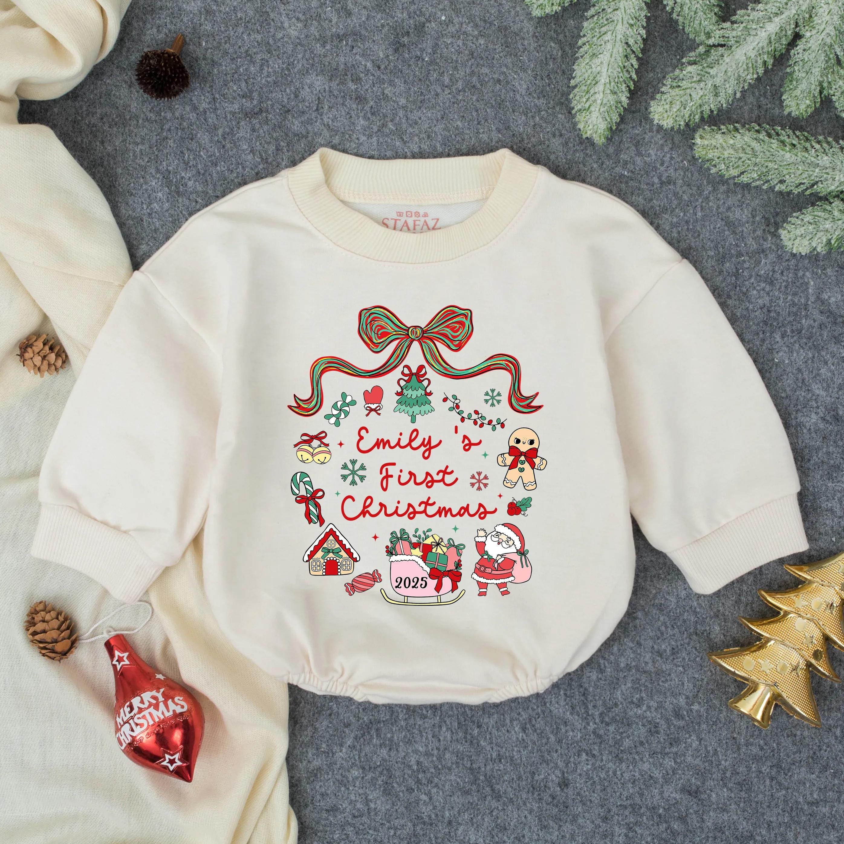 Custom Baby Girl's First Christmas Romper Festive Holiday Outfit with Red Bow and Candy Cane Design Soft Comfortable Winter Pullover